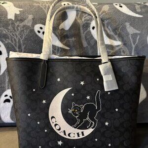 Coach City Tote In Signature Canvas With Halloween Graphic Cat Moon
